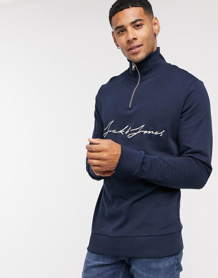 Jack & Jones Quarter Zip Sweat With Chest Scripted Text-navy