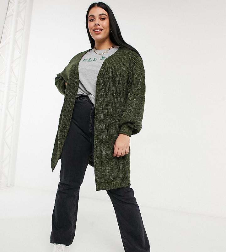 Yours Oversized Balloon Sleeve Cardigan In Khaki-green