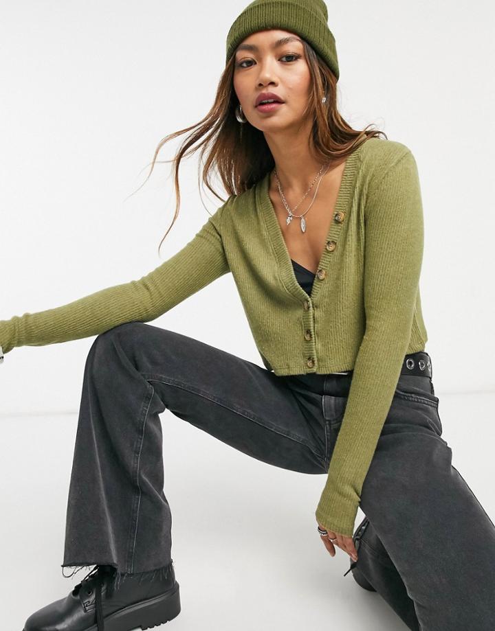 Stradivarius Jersey Cardigan In Olive-green