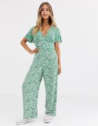 Asos Design Button Front Jumpsuit In Mixed Green Floral Print - Multi