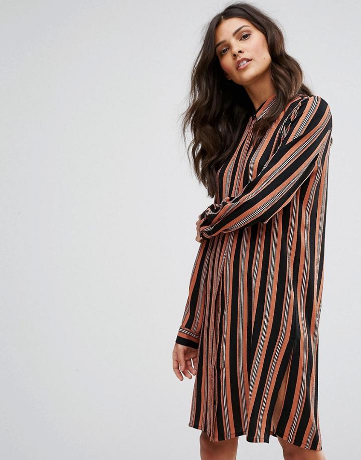 Pieces Libby Long Sleeved Striped Shirt Dress - Brown