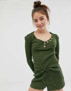 Asos Design Mix & Match Ribbed Long Sleeve Top With Tortoishell Buttons - Green