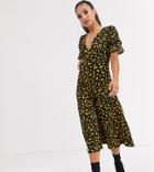 Asos Design Petite Button Through Midi Tea Dress With Puff Sleeve In Polka Dot-multi