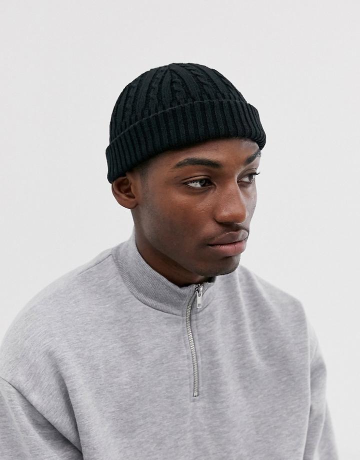 Asos Design Mini Fisherman Beanie In Black Cable Knit Recycled Polyester - Black