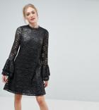 Little Mistress Tall Metallic Cutwork Lace Swing Dress With Fluted Sleeve Detail - Silver