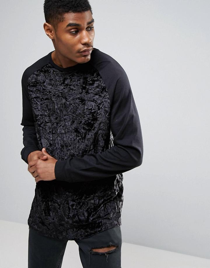 Asos Oversized Long Sleeve T-shirt In Crushed Velour With Contrast Sleeves & Curve Hem - Black