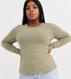 Asos Design Curve Organic Cotton Crew Neck Long Sleeve T-shirt In Khaki