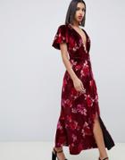 Asos Design Velvet Floral Maxi Dress With Tassel Belt - Multi
