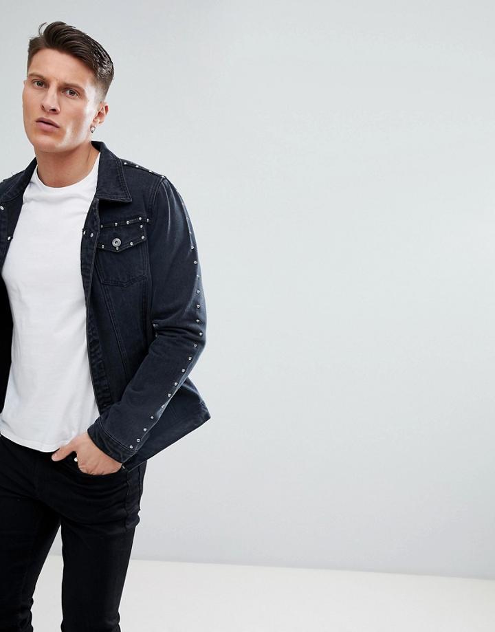 Liquor N Poker Denim Jacket With Studs - Black