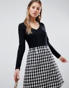 Traffic People Long Sleeve 2-in-1 Skater Dress With Checked Skirt-black