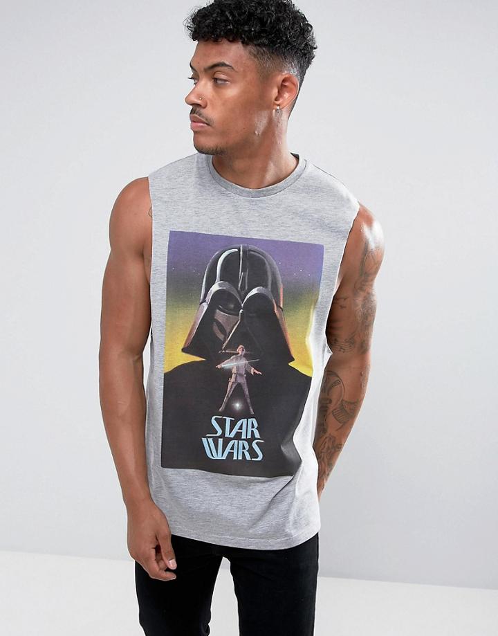 Asos Star Wars Sleeveless T-shirt With Dropped Armhole And Darth Vader Print - Gray
