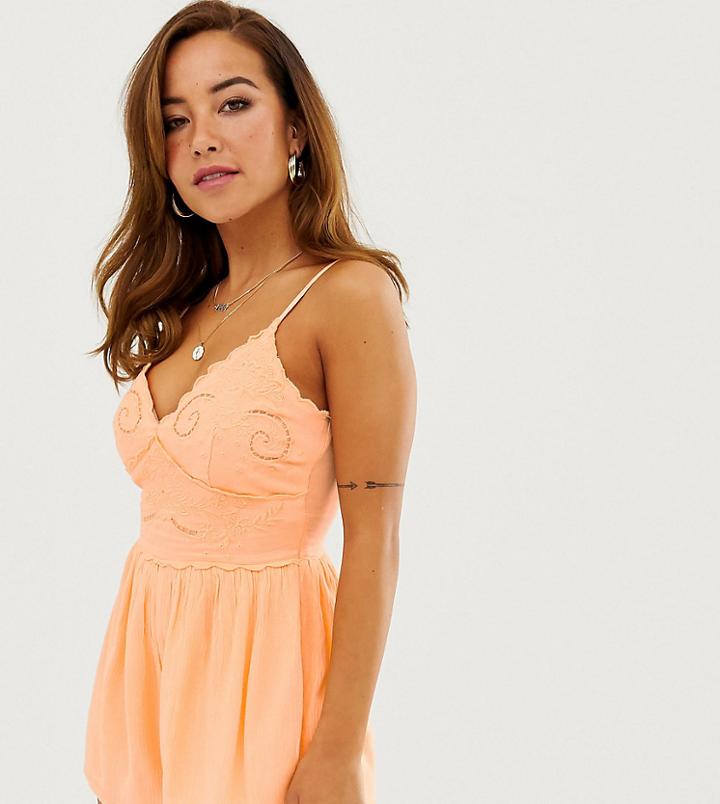 Miss Selfridge Petite Embroidered Romper In Peach-yellow