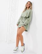 Missguided Sweater Dress With Tie Waist Detail In Sage-green