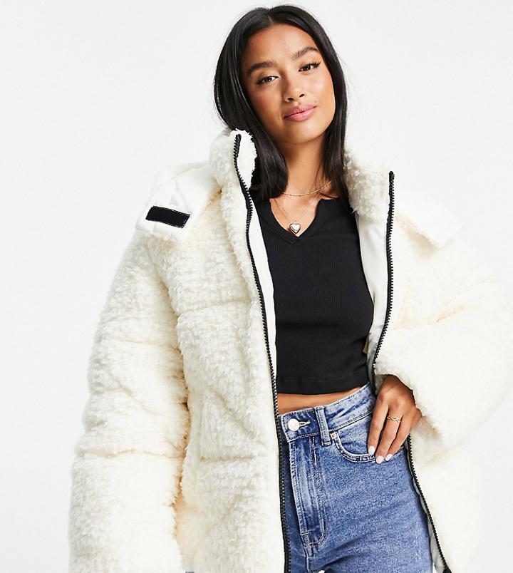 Asos Design Petite Oversized Borg Padded Jacket In Cream-white