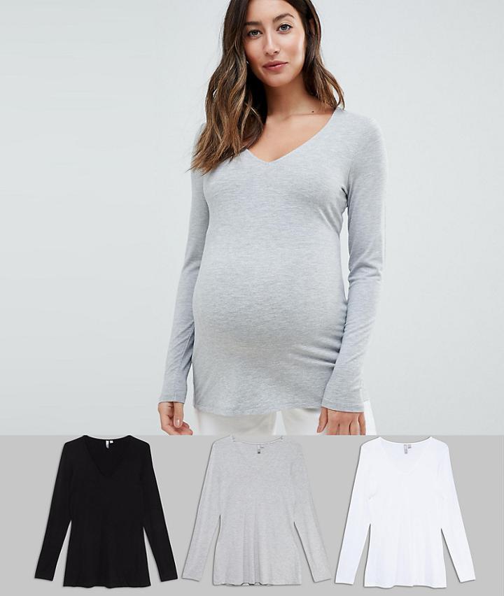 Asos Design Maternity Ultimate Top With Long Sleeve And V-neck 3 Pack Save-multi