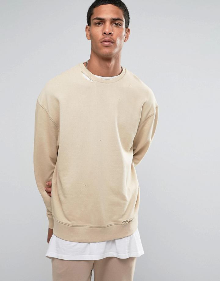 Asos Oversized Sweatshirt With Ripped Neck In Beige - Beige