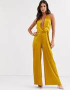 Asos Design Tall Ultra Plunge Jumpsuit With Drape Satin Detail-yellow