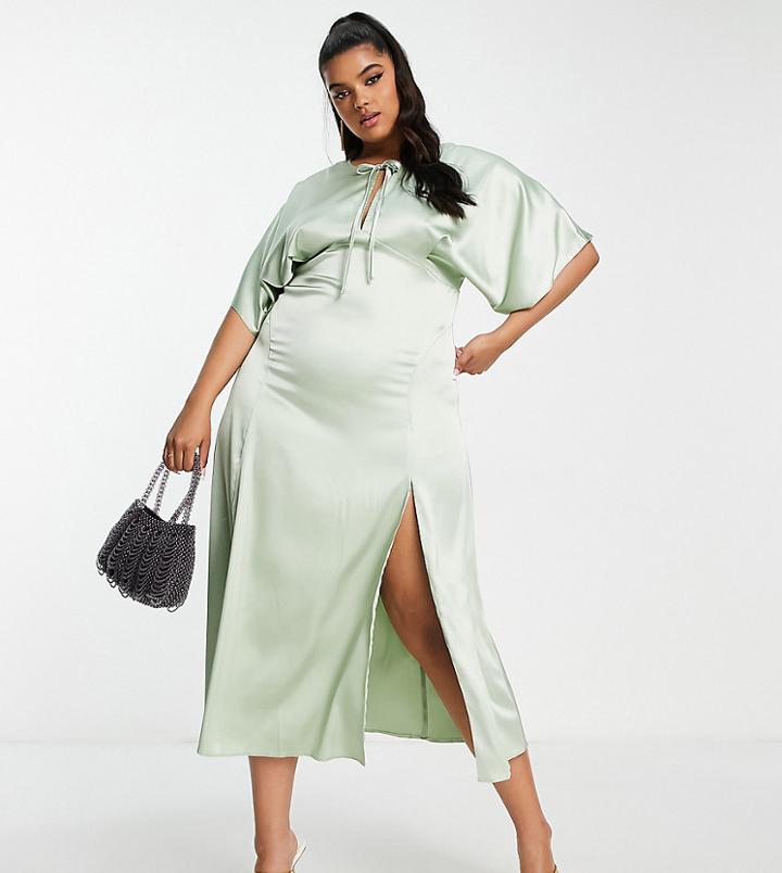Asos Design Curve Paneled Satin Midi Dress With Keyhole In Sage Green