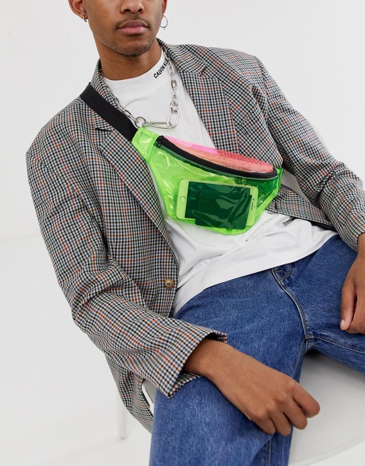 Asos Design Cross Body Fanny Pack In Neon Plastic Color Block-multi