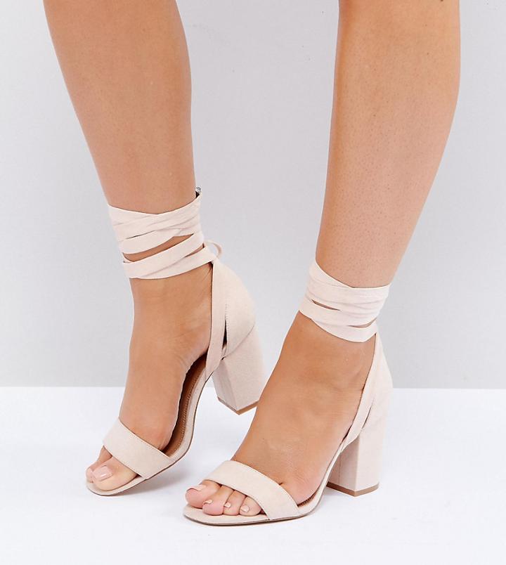 Asos Design Wide Fit Howling Tie Leg Block Heeled Sandals - Beige