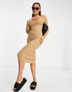 Parisian V Neck Knitted Dress In Beige-neutral