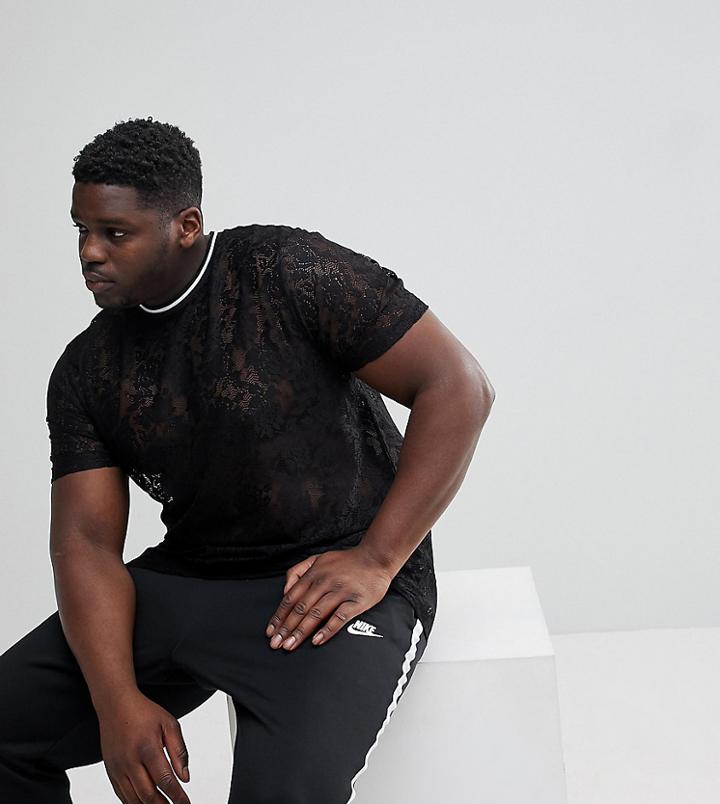 Asos Plus Relaxed Longline T-shirt In Black Lace - Black