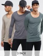 Asos Muscle Long Sleeve T-shirt 3 Pack Save 21% - Multi