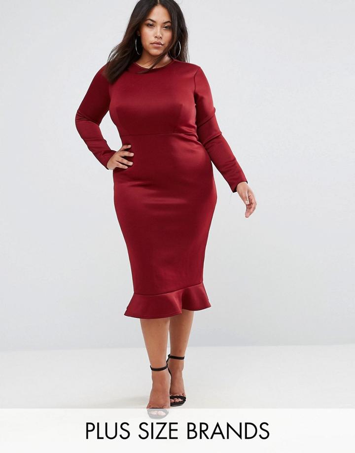 Club L Plus Office Long Sleeve Detailed Dress W. Peplum Frill Hem Bodycon Midi Dress - Red