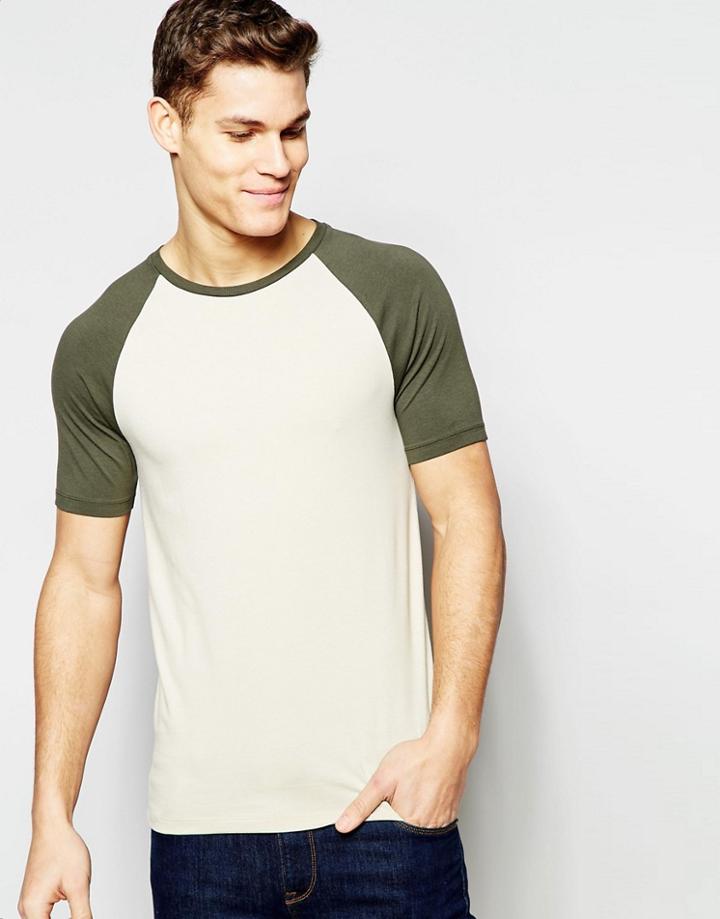 Asos Muscle T-shirt With Contrast Raglan Sleeves - Beige