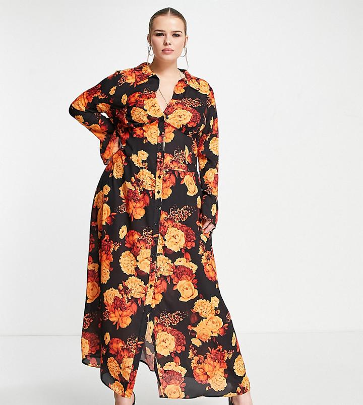 Asos Design Curve Panelled Button Through Midi Shirt Dress In 70s Bloom Print-multi