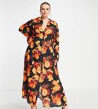 Asos Design Curve Panelled Button Through Midi Shirt Dress In 70s Bloom Print-multi