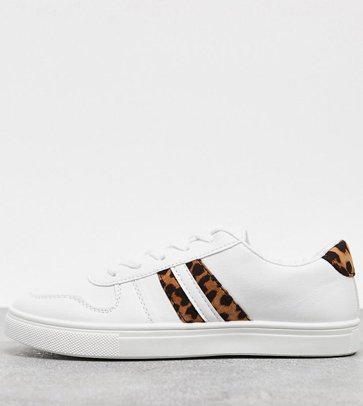 London Rebel Wide Fit Lace Up Sneakers In White And Leopard