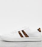 London Rebel Wide Fit Lace Up Sneakers In White And Leopard
