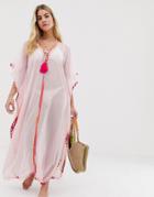 America & Beyond Pom Pom Lace Prism Pink Long Beach Caftan - White