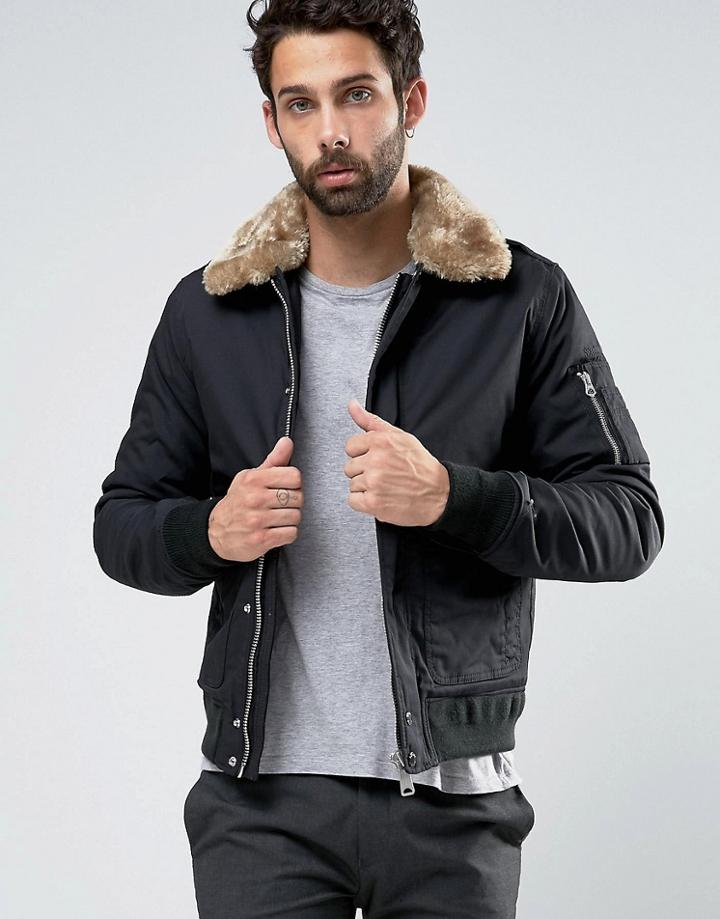 Schott Air Bomber Jacket Faux Fur Collar Exclusive - Black