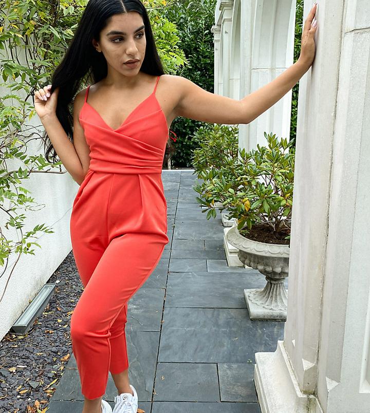 Asos Design Petite Scuba Wrap Front Cami Jumpsuit In Red