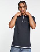 Asos Design Waffle Polo With Piping Deatail And Zip In Navy