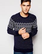 Esprit Crew Neck Wool Mix Printed Sweater - Navy