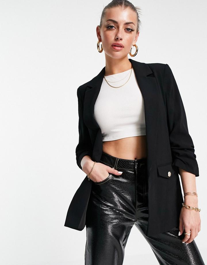 River Island Ruched Sleeve Blazer In Black