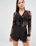 Lipsy Bow Front Lace Blouse - Black