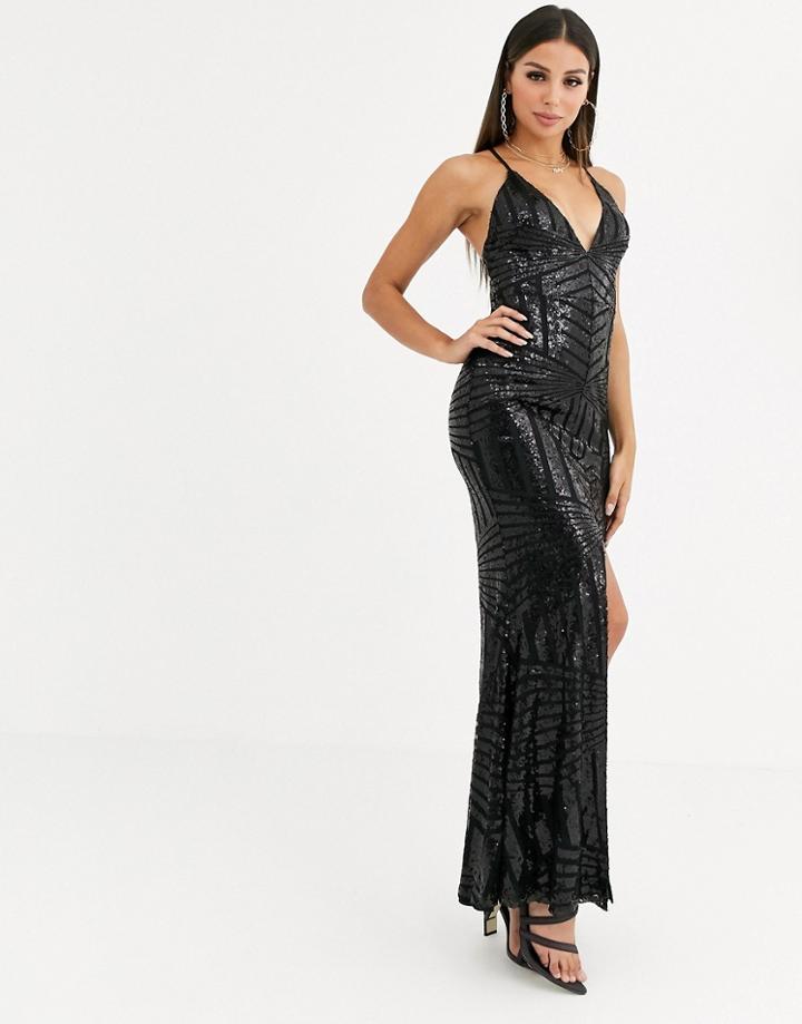 Club L London Plunge Neck Geo Sequin Maxi Dress-black