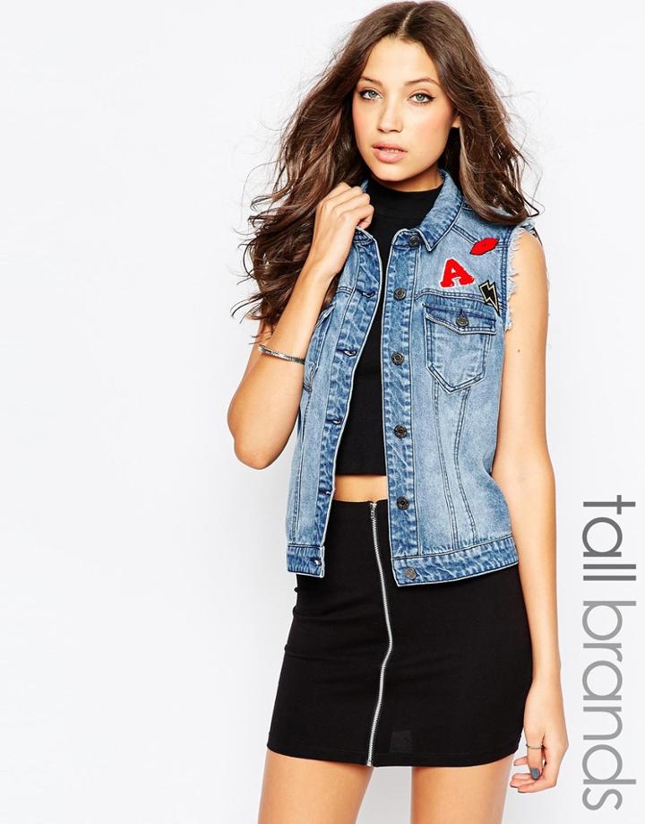 Noisy May Tall Denim Vest With Patched Embroidery - Blue