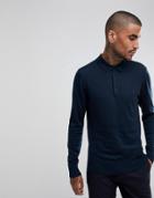 Allsaints Knitted Polo Shirt In 100% Merino Wool - Navy