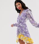 Dark Pink Mini Dress With Ruched Front In Print Clash - Multi