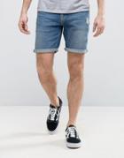 Asos Denim Shorts In Slim Mid Blue With Ripped Pockets And Abrasions - Blue