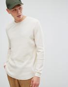 Asos Longline Long Sleeve Waffle T-shirt With Curved Hem In Beige - Beige
