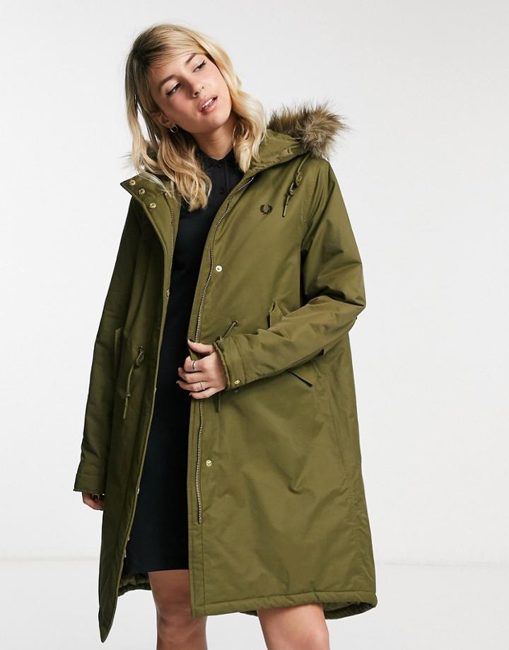 Fred Perry Padded Fishtail Parka In Olive-green