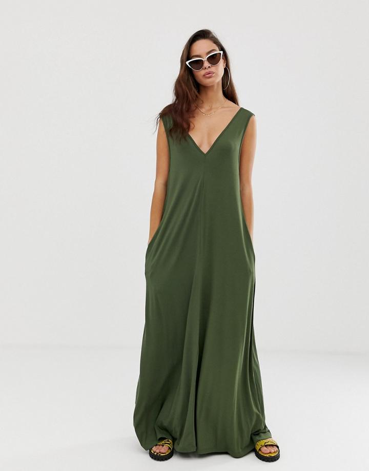 Asos Design Plunge Trapeze Maxi Dress-green