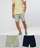 Asos Design 2 Pack Slim Chino Shorts In Navy & Sage Green Save - Multi