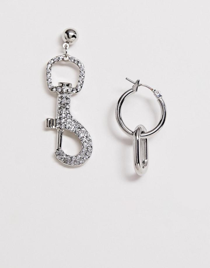 Asos Design Earrings With Link Drop And Crystal Clasp In Silver Tone-multi